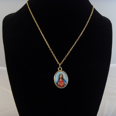 Gold metal Sacred Heart of Jesus medal necklace - 17inch