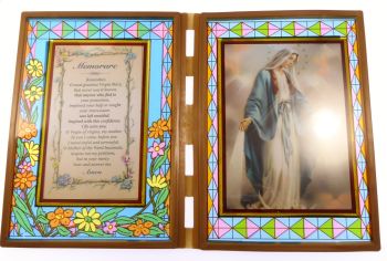 Stained glass double frame with Memorare to Our Lady Miraculous image