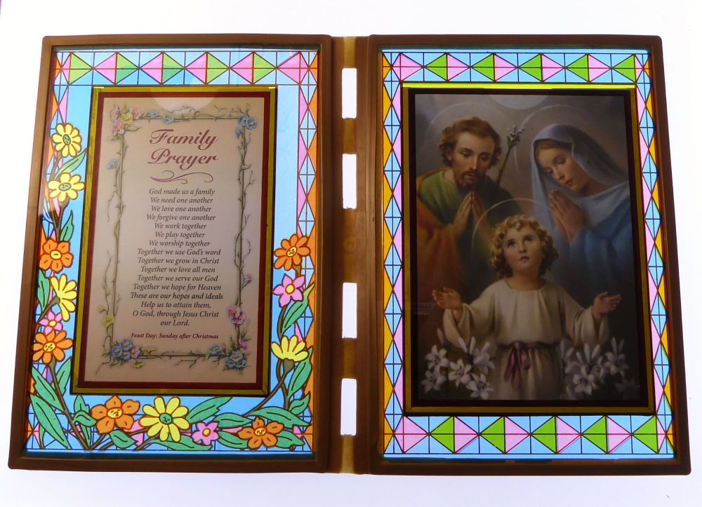 Stained glass double frame with Family prayer & Holy Family image