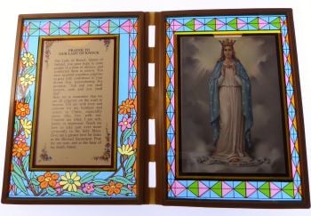 Stained glass double frame with Prayer to Our Lady of Knock & image