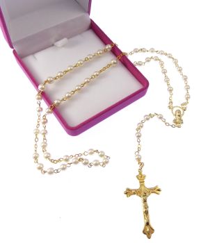 Imitiation pearl round small rosary beads in velvet box Catholic Our Lady gift