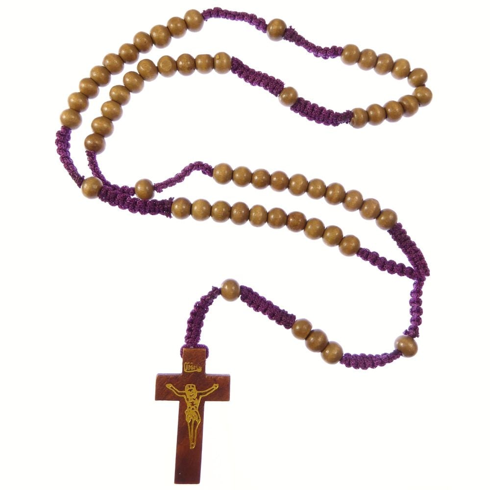 Brown wood rosary beads on purple cord with 5 decade Catholic rosary