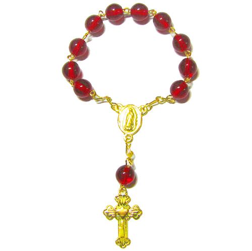 1 Decade pocket Catholic round red glass rosary beads gold cross and chain