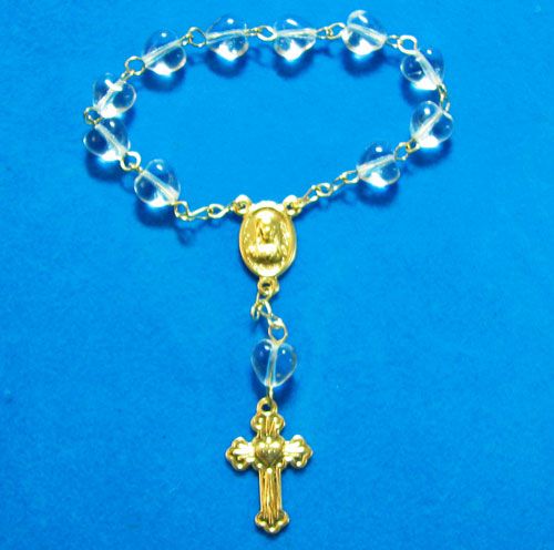 Decade pocket Catholic clear heart glass rosary beads gold cross and chain
