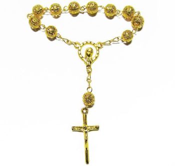 1 Decade pocket Catholic gold filigree metal rosary beads gold cross and chain