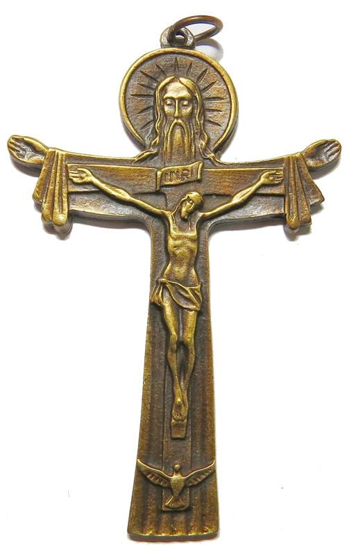 Antique brass effect Tertium Millennium Crucifix pendant 7.5cm Trinity cros