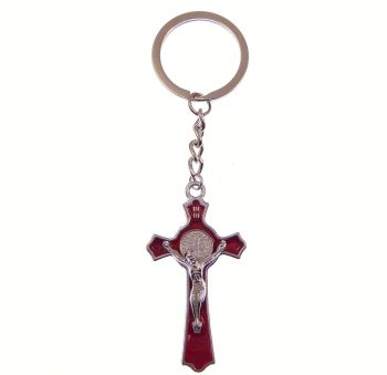 Red enamel silver large St. Benedict keyring Catholic 10cm