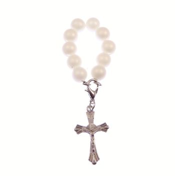 Pearly white 10 bead 1 decade rosary ring with cross and clasp 