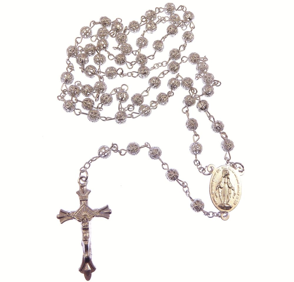Silver metal decorative filigree rosary beads Miraculous and Sacred heart centre 