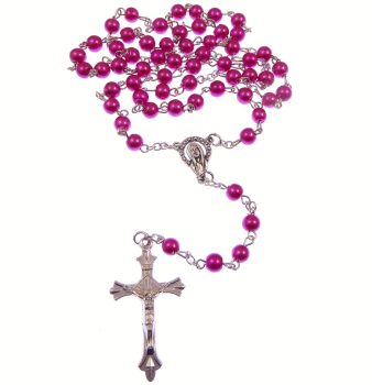 Catholic dark pink glass rosary beads on silver chain 5 decade 49cm length