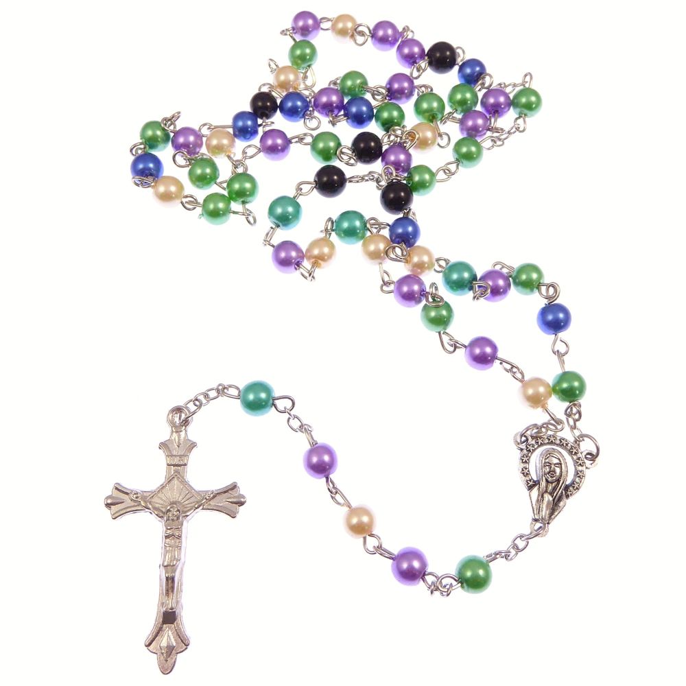 Multi-colour pearlescent rosary beads purple green blue cream black 50cm le