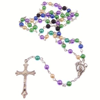 Multi-colour pearlescent rosary beads purple green blue cream black 50cm length