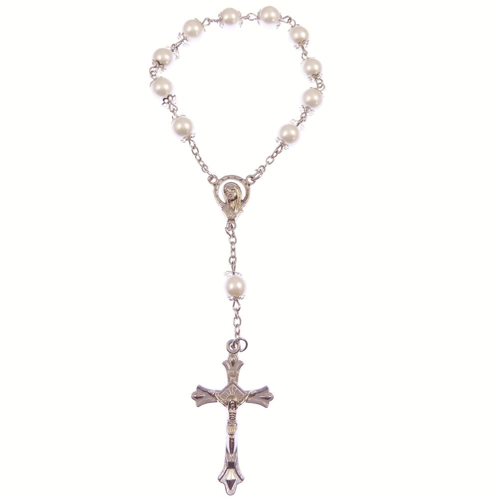 Pearly white 1 decade pocket rosary beads decenary + decorative caps Cathol