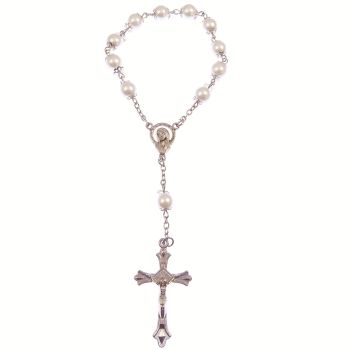 Pearly white 1 decade pocket rosary beads decenary + decorative caps Catholic 