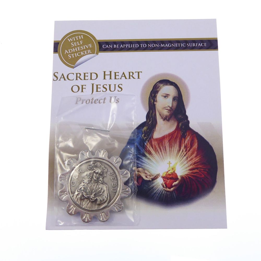 Catholic Sacred Heart of Jesus silver metal car plaque adhesive & magnetic 