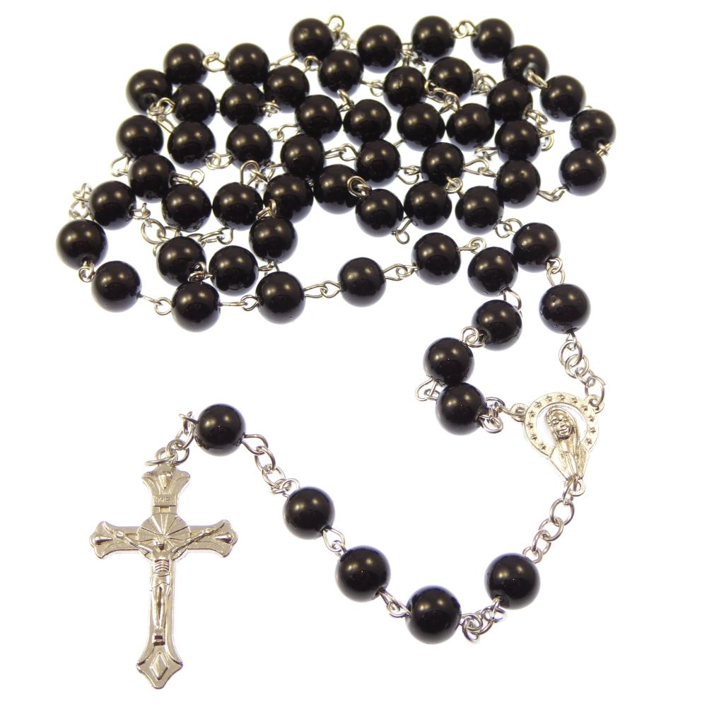 Long black metal long Catholic rosary beads with Our Lady center