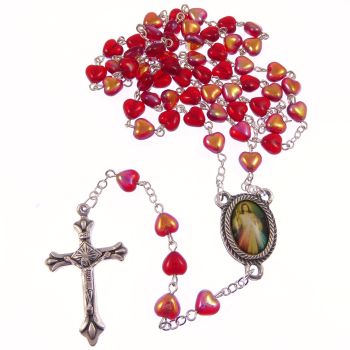 Red glass heart Divine Mercy Jesus rosary beads