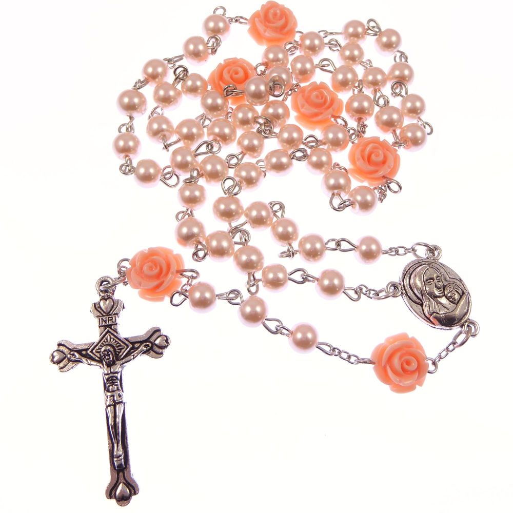 Pale pink roses rosary beads Madonna & child centre and rose flower pater b