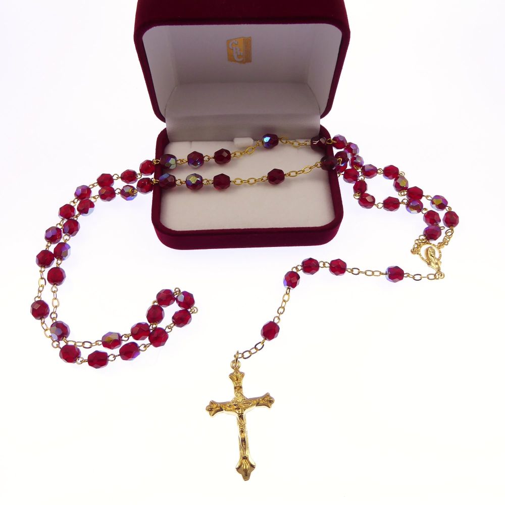 Gold chain bright red iridescent glass rosary beads Mary center Catholic in