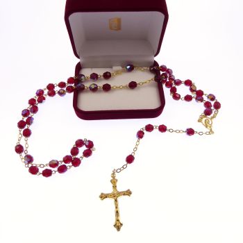 Gold chain bright red iridescent glass rosary beads Mary center Catholic in box