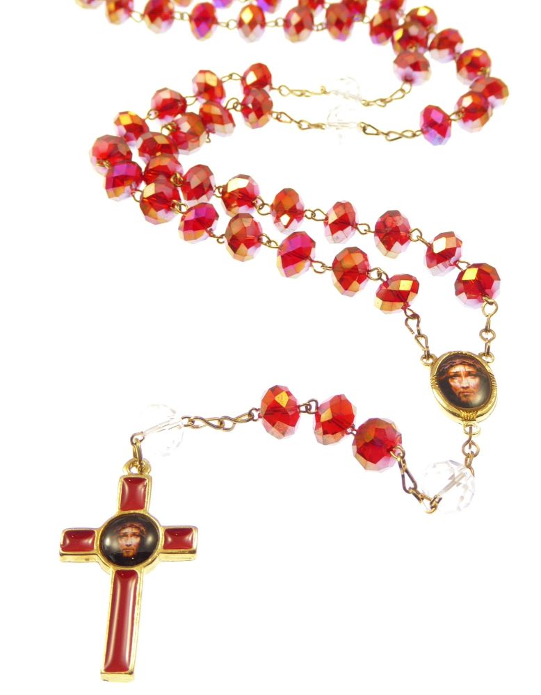 Precious blood of Christ red glass heart Sacred face of Jesus rosary beads