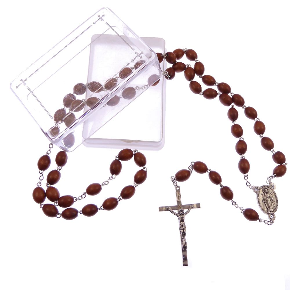 Extra strong brown wood rosary beads in gift box