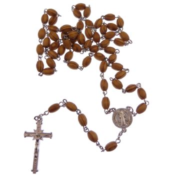 Wood St. Benedict rosary beads in brown and silver plated