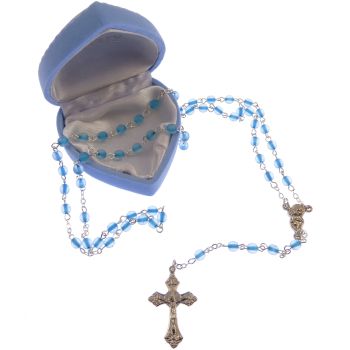 Childrens childs small pearl rosary beads + blue heart box