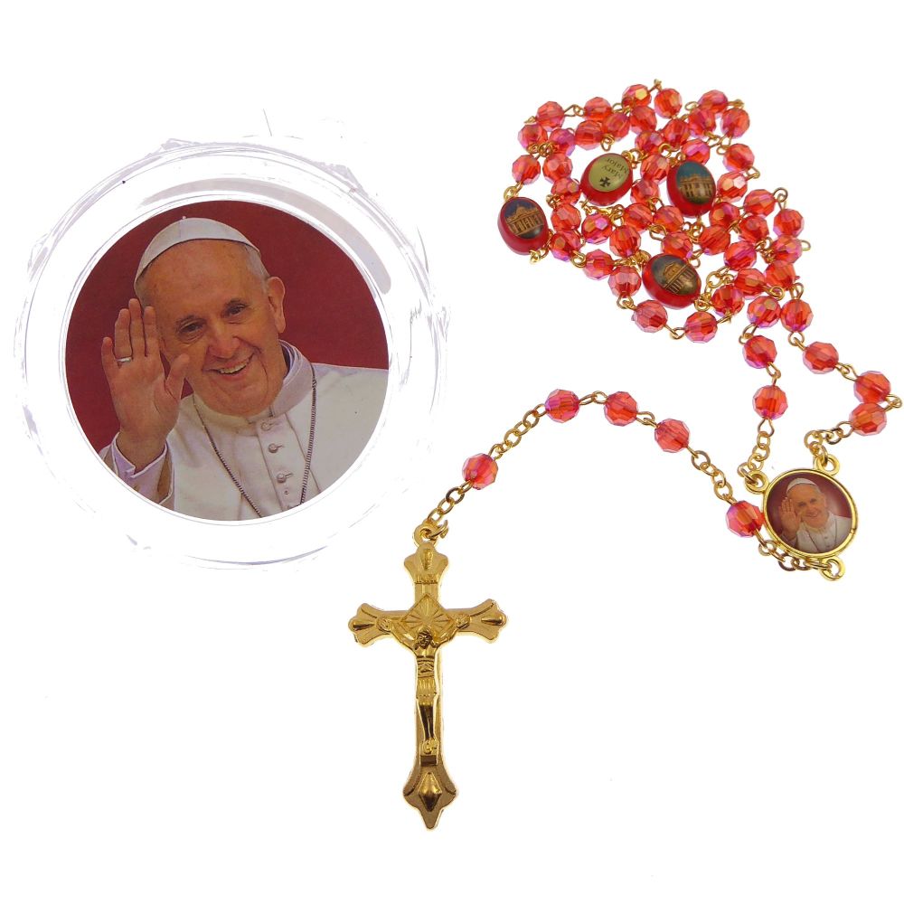 Red iridescent faceted resin Pope Benedict rosary beads in box gold chain