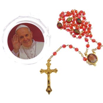 Red iridescent faceted resin Pope Francis rosary beads in box gold chain