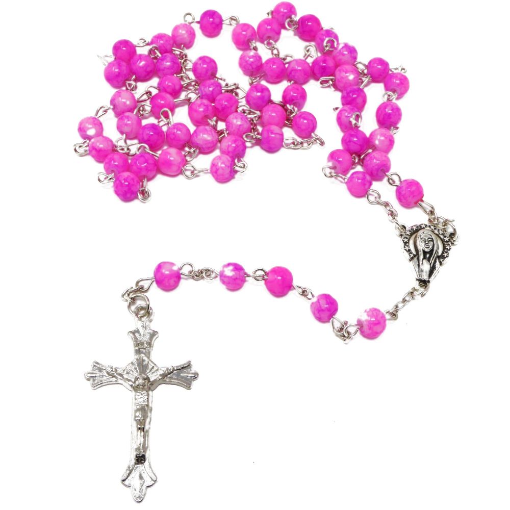 Pink & white marble glass rosary beads on silver chain 50cm