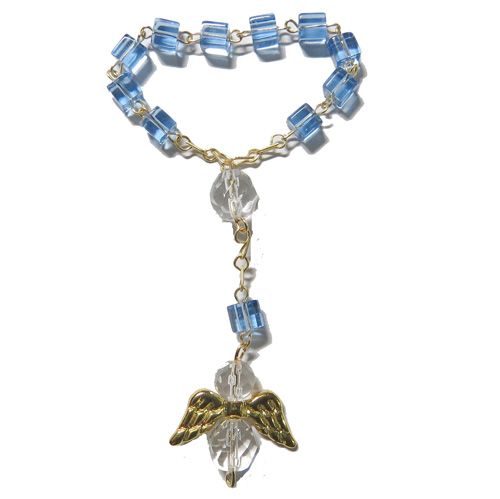 Small pocket one decade blue cube glass rosary beads angel design prayer gi