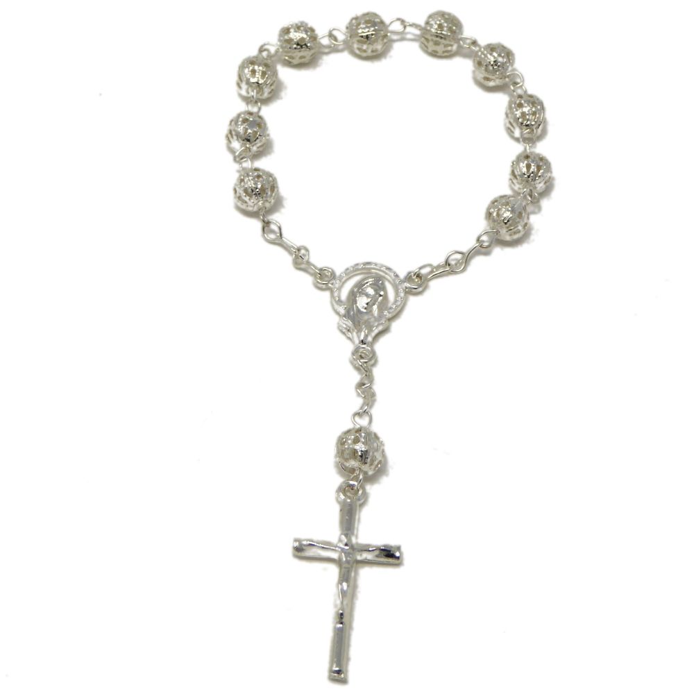 1 decade silver metal filigree rosary beads small 11cm in tub