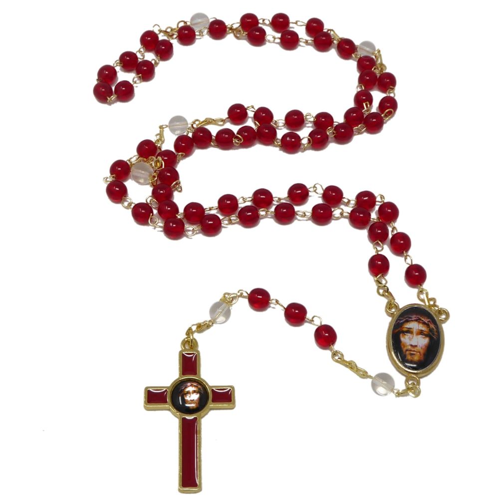 Precious blood of Christ red round glass Sacred face of Jesus rosary beads 