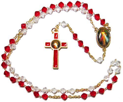 Red and clear bicone glass Divine Mercy rosary beads 45cm