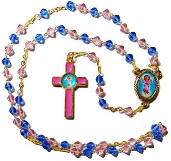 Catholic Divine child Jesus pink blue glass rosary beads bicone 44cm