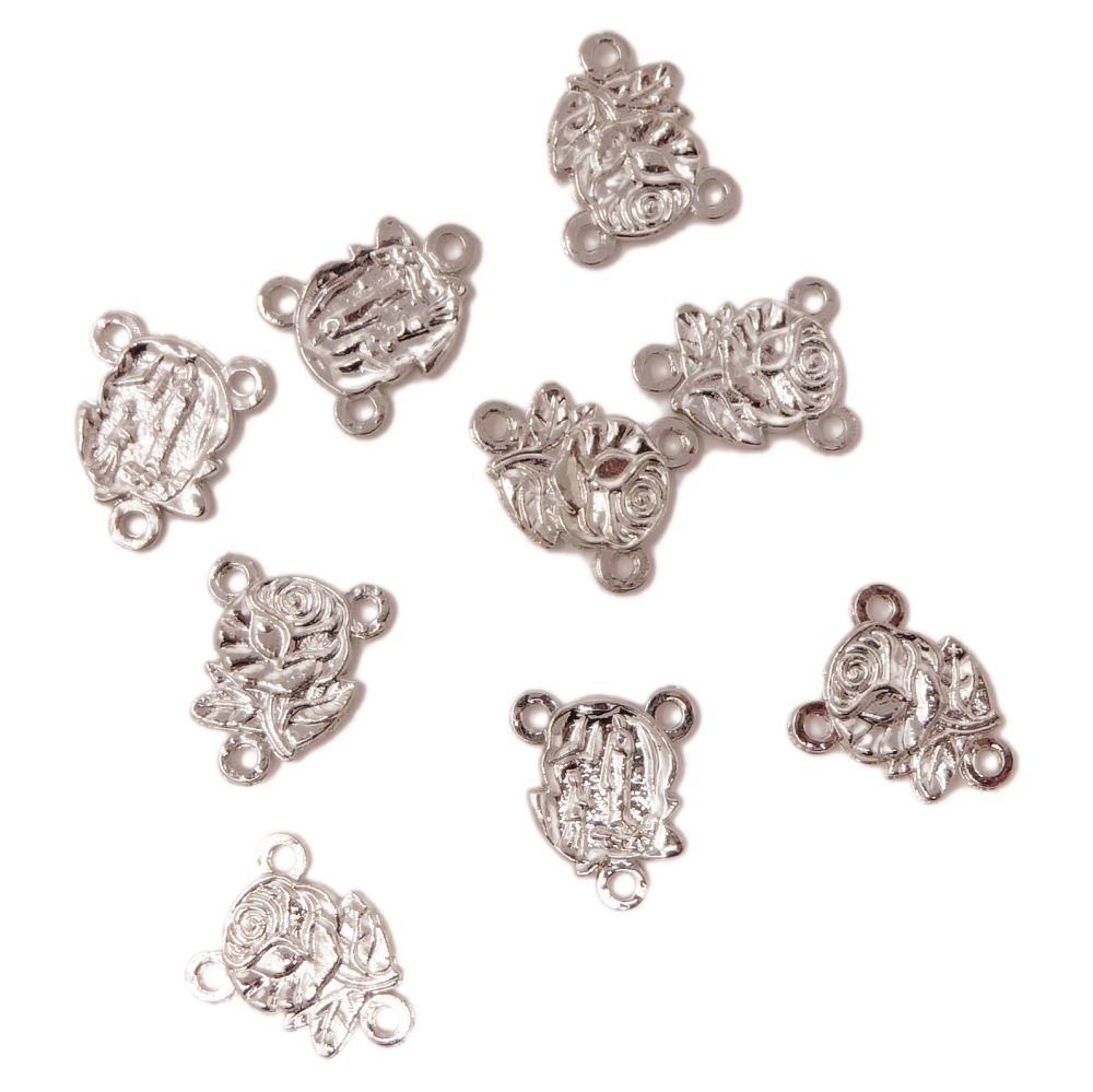 10 x Catholic junction for rosary beads rose center silver metal 2cm