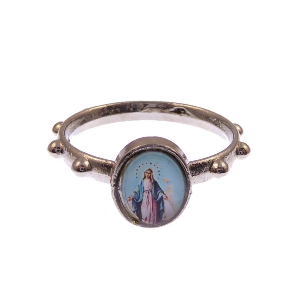 Silver metal small Miraculous Mary rosary ring Catholic pocket prayer beads