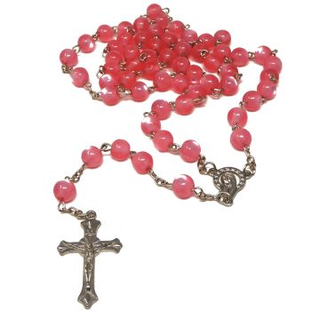 Pink resin round pearly rosary beads 54cm length silver chain crucifix