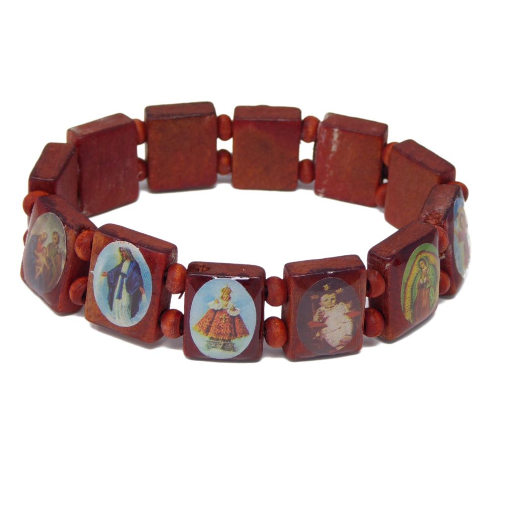 Religious images brown wood Jesus saints stretch bracelet