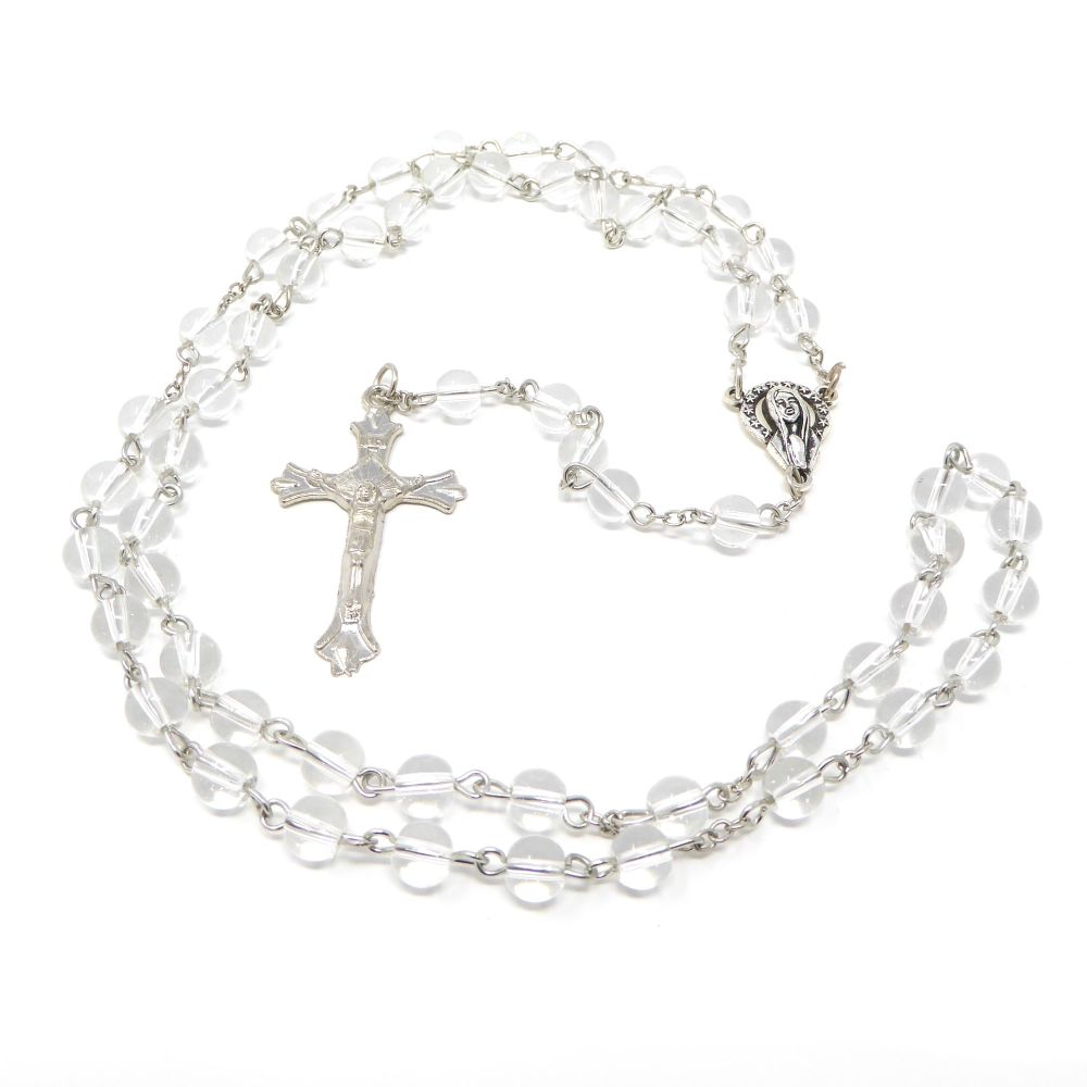 Clear glass Catholic rosary beads Our Lady center 6mm