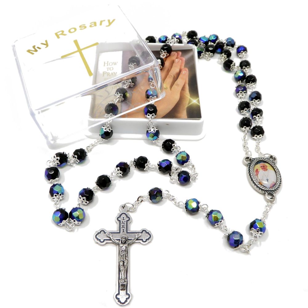 Black iridescent glass Pope Francis capped rosary beads in box
