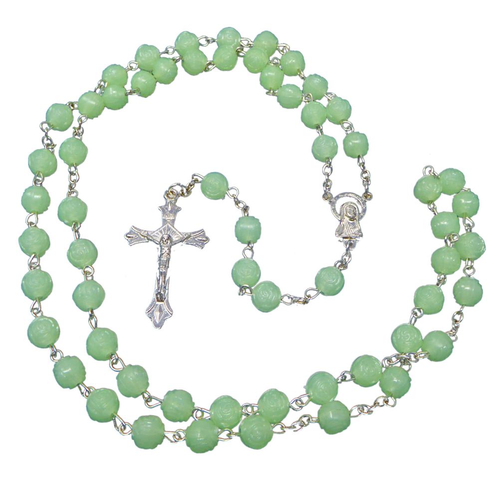 Luminous plastic rose flower rosary beads 57cm length our lady glow in dark