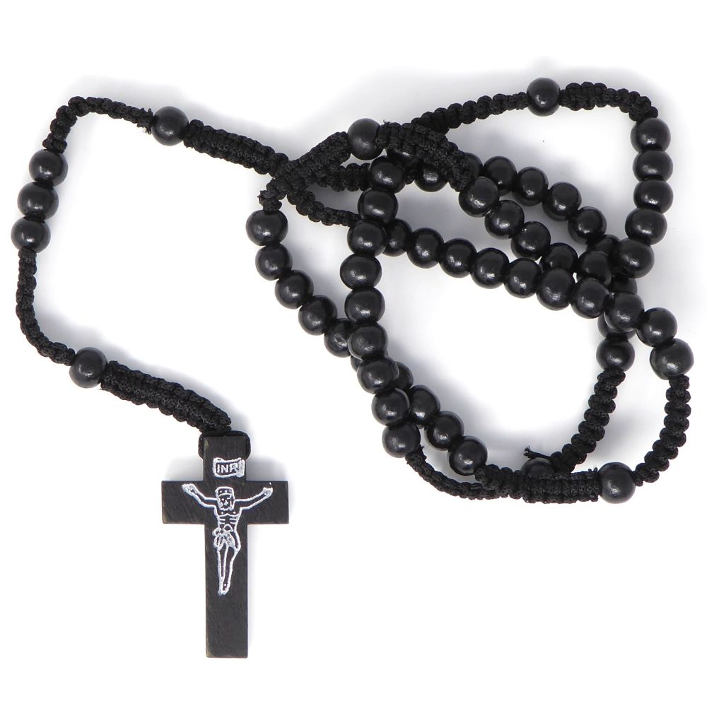Wooden black long cord rosary beads necklace