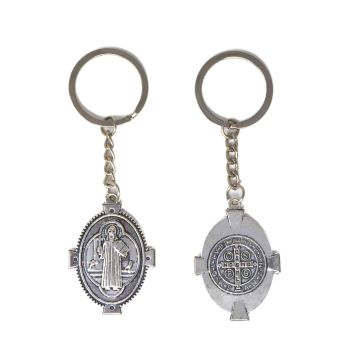Silver metal double sided 10cm St. Benedict key chain 