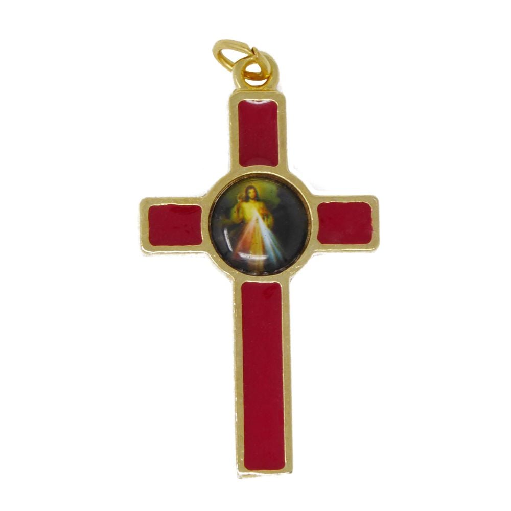 Rosary cross crucifix with the Divine Mercy Jesus image red 36mm