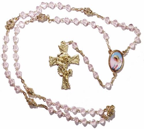 Pale pink Mystical rose glass 6mm 5 decade rosary beads gold paters Catholi