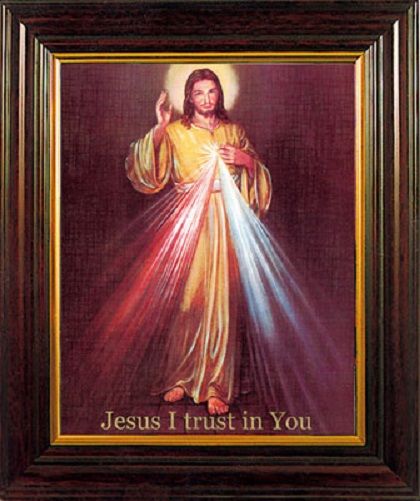 Divine Mercy print in a wood frame 26cm tall hanging or standing