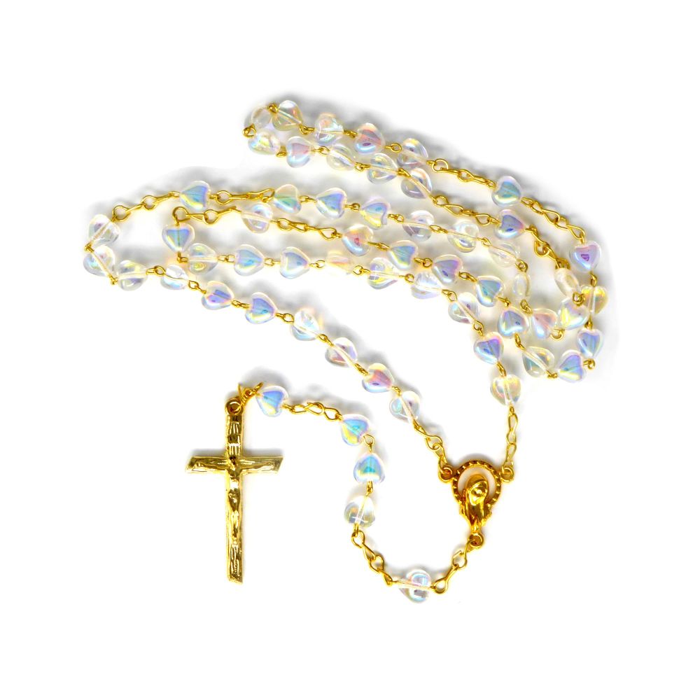 Clear glass iridescent heart seed bead rosary beads