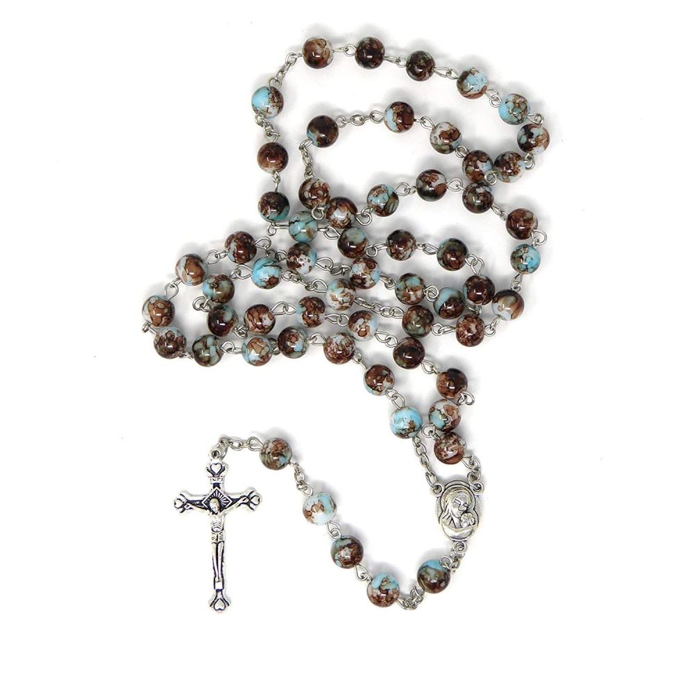 Blue brown marble rosary beads long length 57cm holy earth center